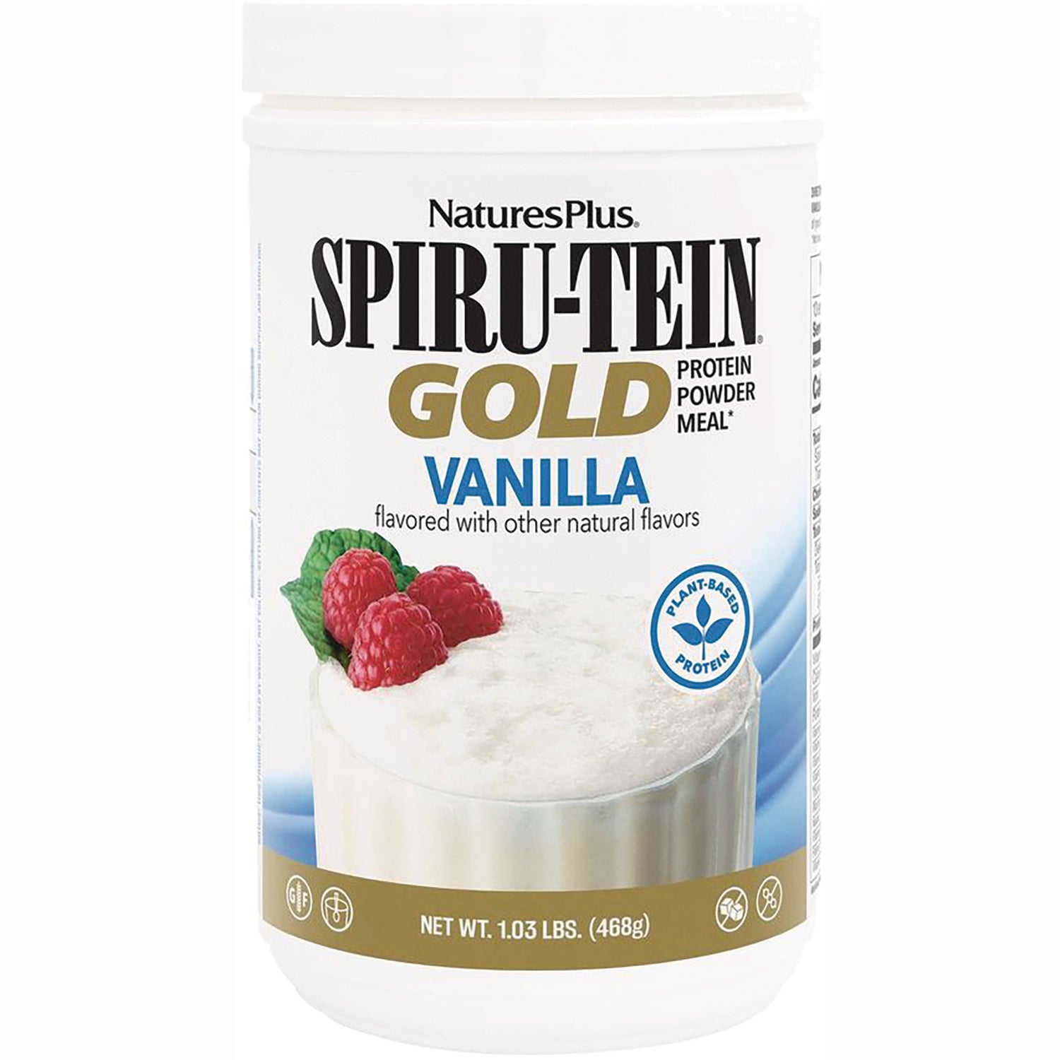 NTP272 | NaturesPlus SPIRU-TEIN GOLD Vanilla protein powder container with raspberries and plant-based protein badge