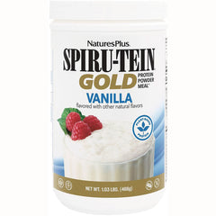 NTP272 | NaturesPlus SPIRU-TEIN GOLD Vanilla protein powder container with raspberries and plant-based protein badge