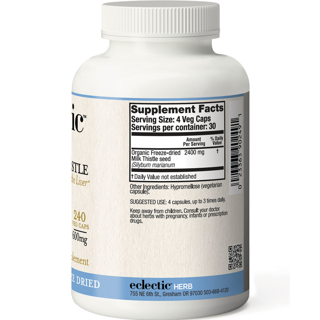 EC032 | Back label of supplement bottle showing Supplement Facts panel, serving size 4 veg caps, organic milk thistle 2400 mg, barcode - Thumbnail