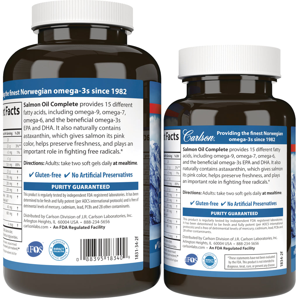 CSN229 | Back labels of two dark brown supplement bottles with white caps showing Salmon Oil Complete facts, gluten-free, purity guaranteed - Thumbnail