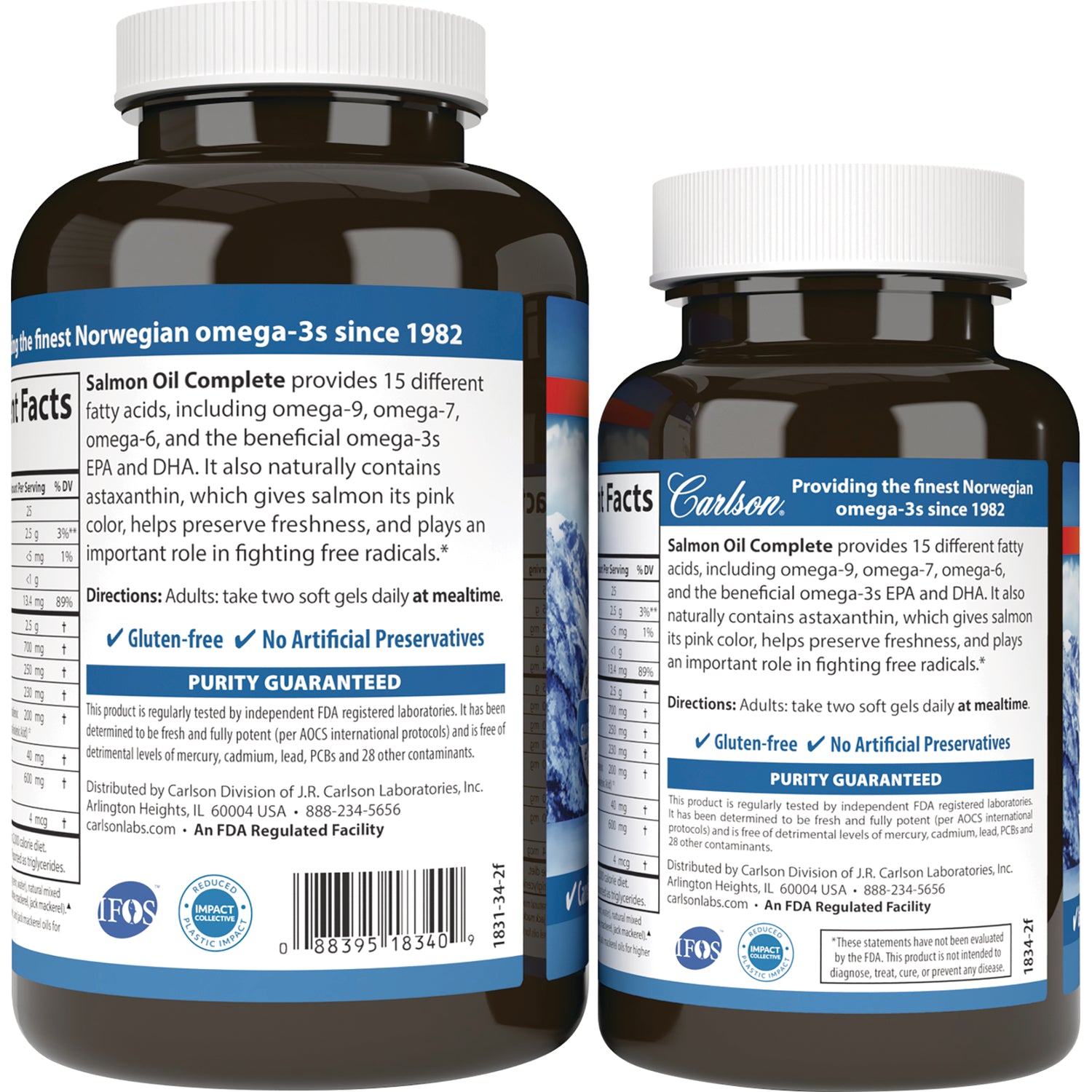 CSN229 | Back labels of two dark brown supplement bottles with white caps showing Salmon Oil Complete facts, gluten-free, purity guaranteed