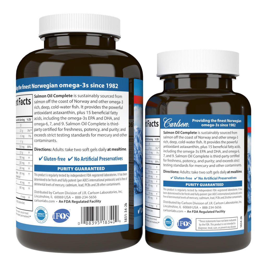 CSN229 | Back labels of two dark brown supplement bottles with white caps showing Salmon Oil Complete facts, gluten-free, purity guaranteed - Thumbnail