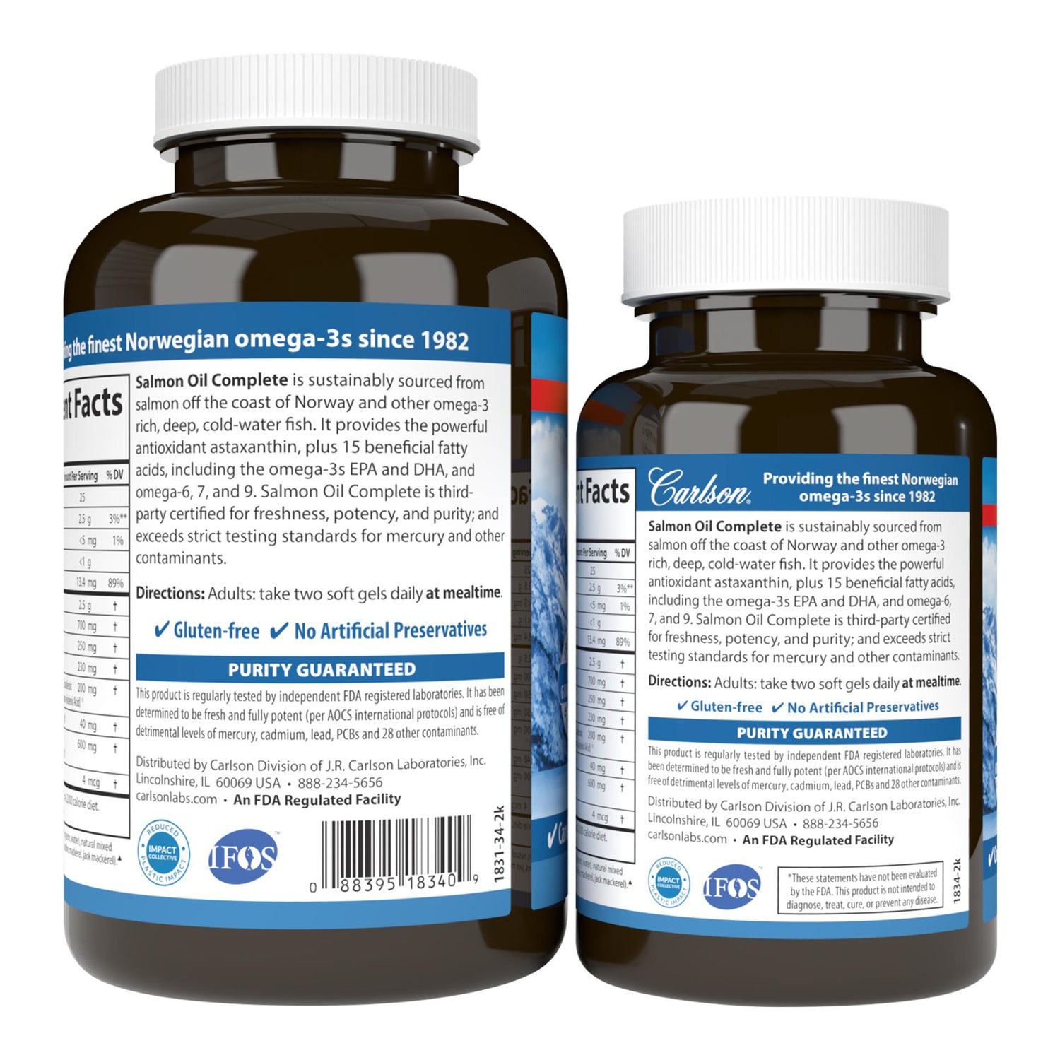 CSN229 | Back labels of two dark brown supplement bottles with white caps showing Salmon Oil Complete facts, gluten-free, purity guaranteed
