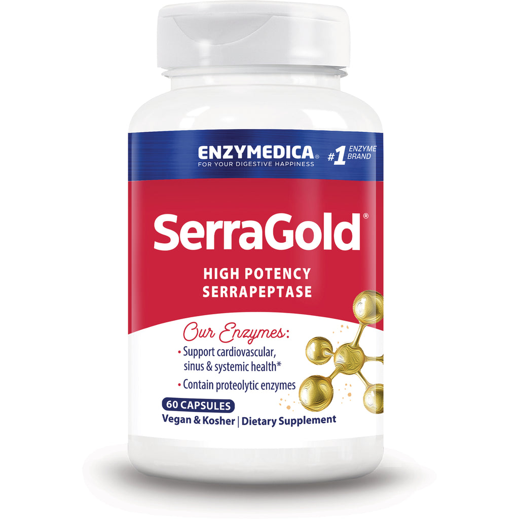 EMD024 | SerraGold bottle front label showing High Potency Serrapeptase, 60 capsules, Vegan & Kosher dietary supplement - Thumbnail