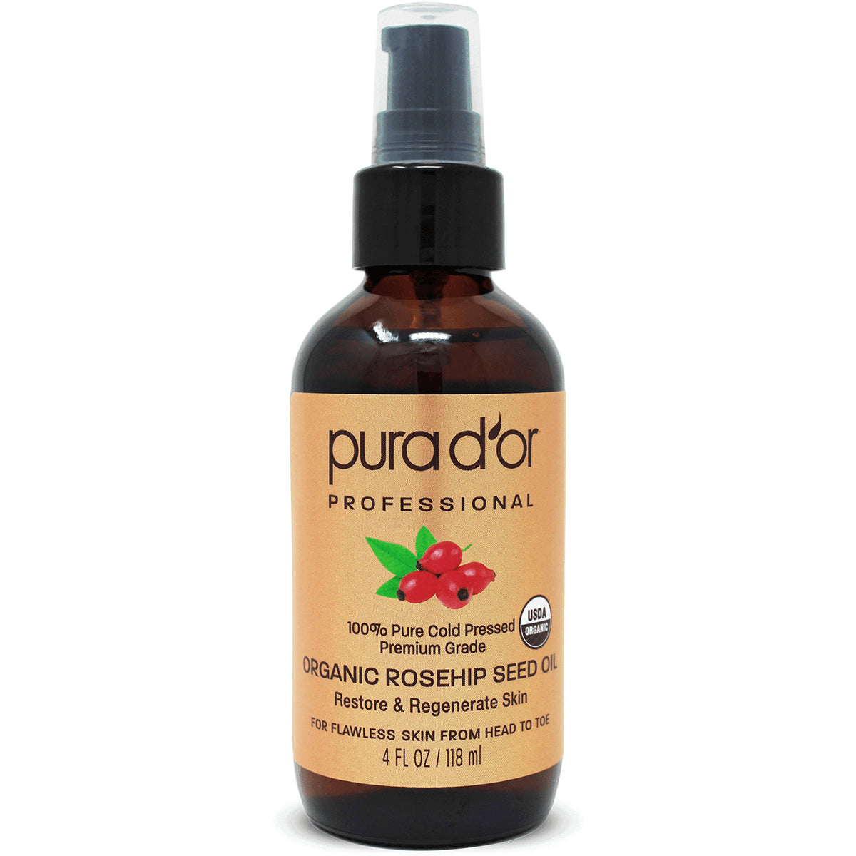 PDO003 | amber 4 fl oz pump bottle labeled pura d'or Professional Organic Rosehip Seed Oil