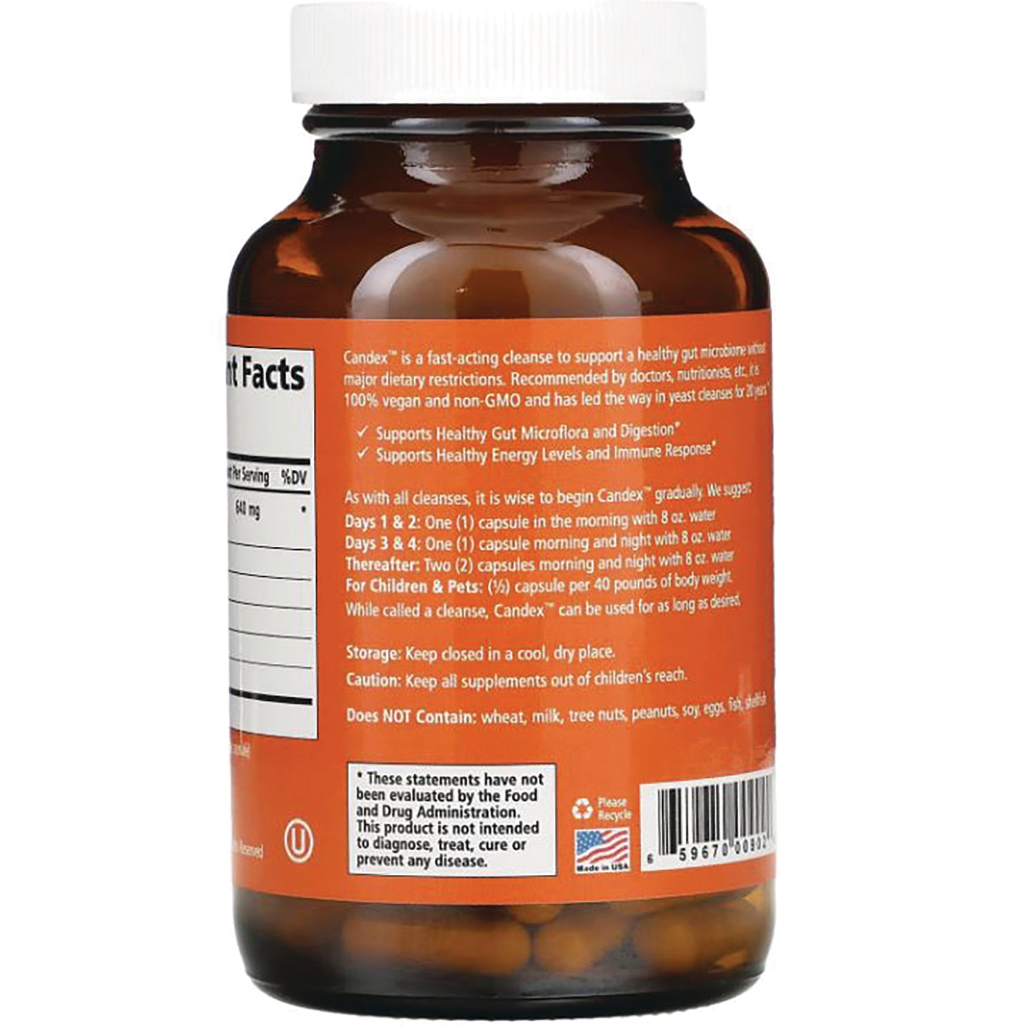 PEL004 | Back of amber supplement bottle with orange label showing directions, warnings, barcode and partial supplement facts
