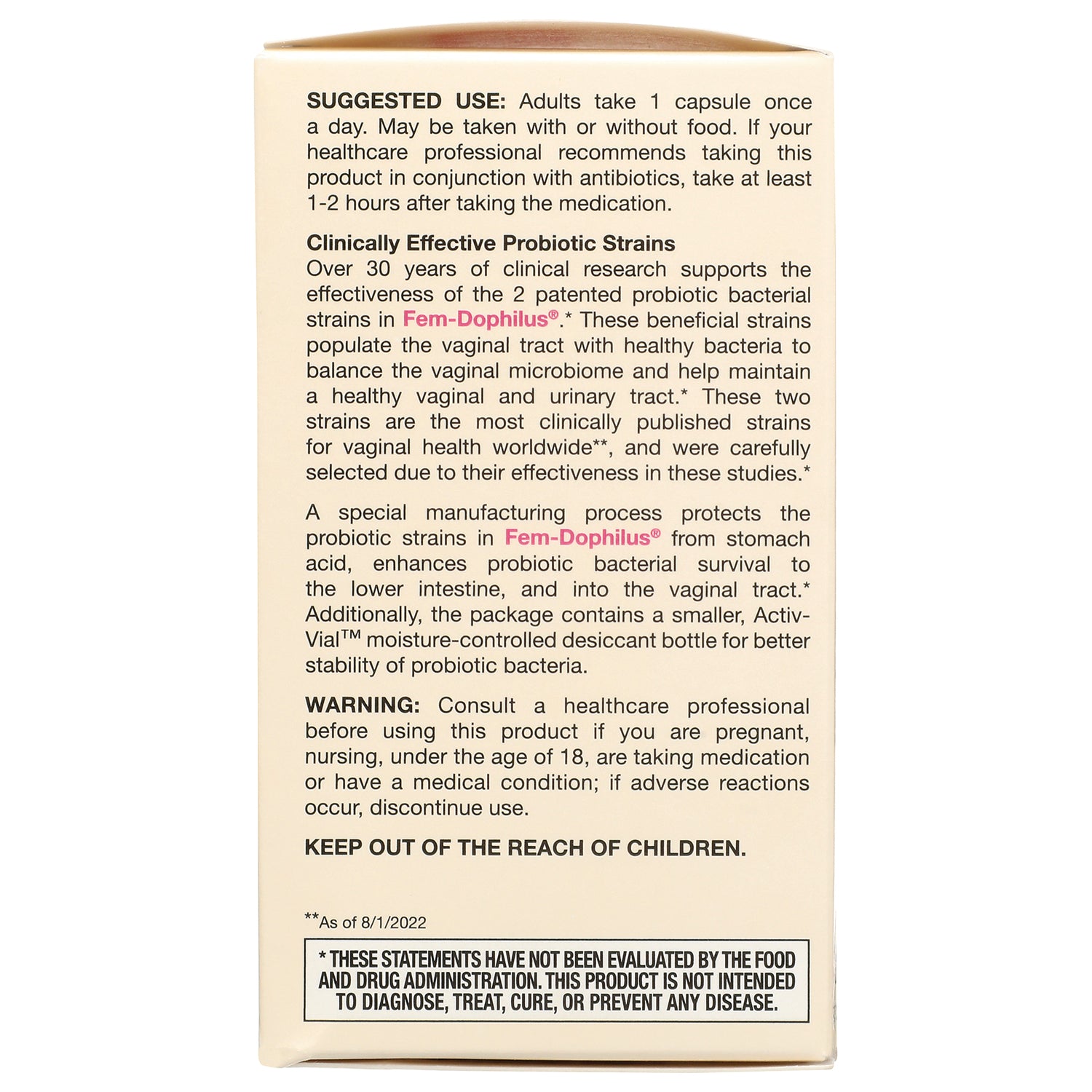 JR294 | back of supplement box with suggested use, probiotic strains description and warning KEEP OUT OF THE REACH OF CHILDREN