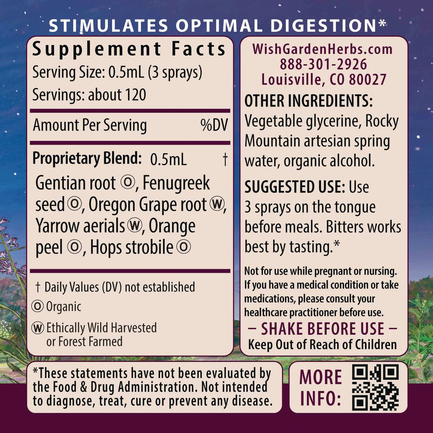 WGH004 | Back label with Supplement Facts, ingredients, suggested use, and contact info; text: STIMULATES OPTIMAL DIGESTION