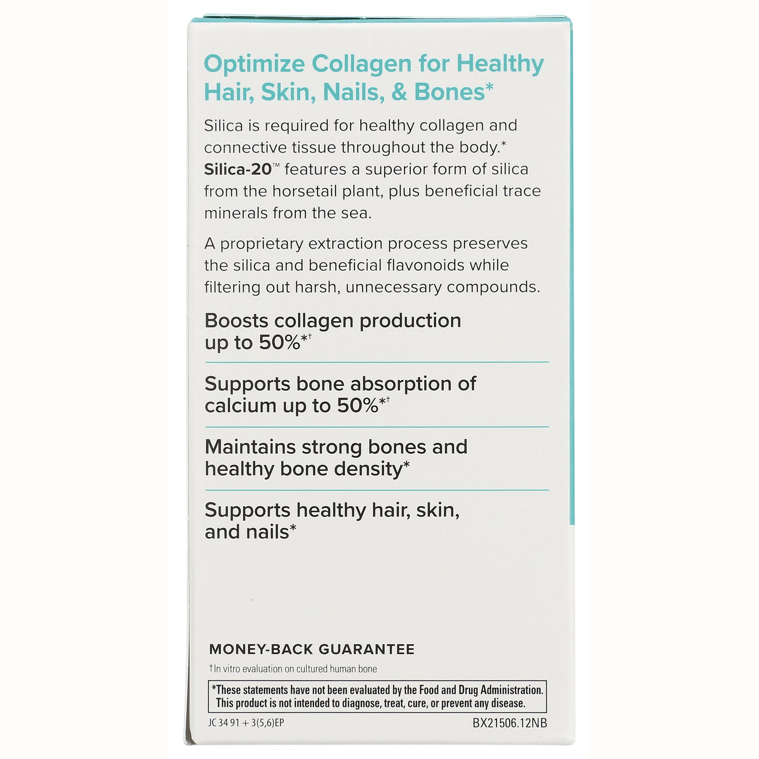 EUR019 | back of supplement box listing benefits for hair, skin, nails, bones and a money-back guarantee