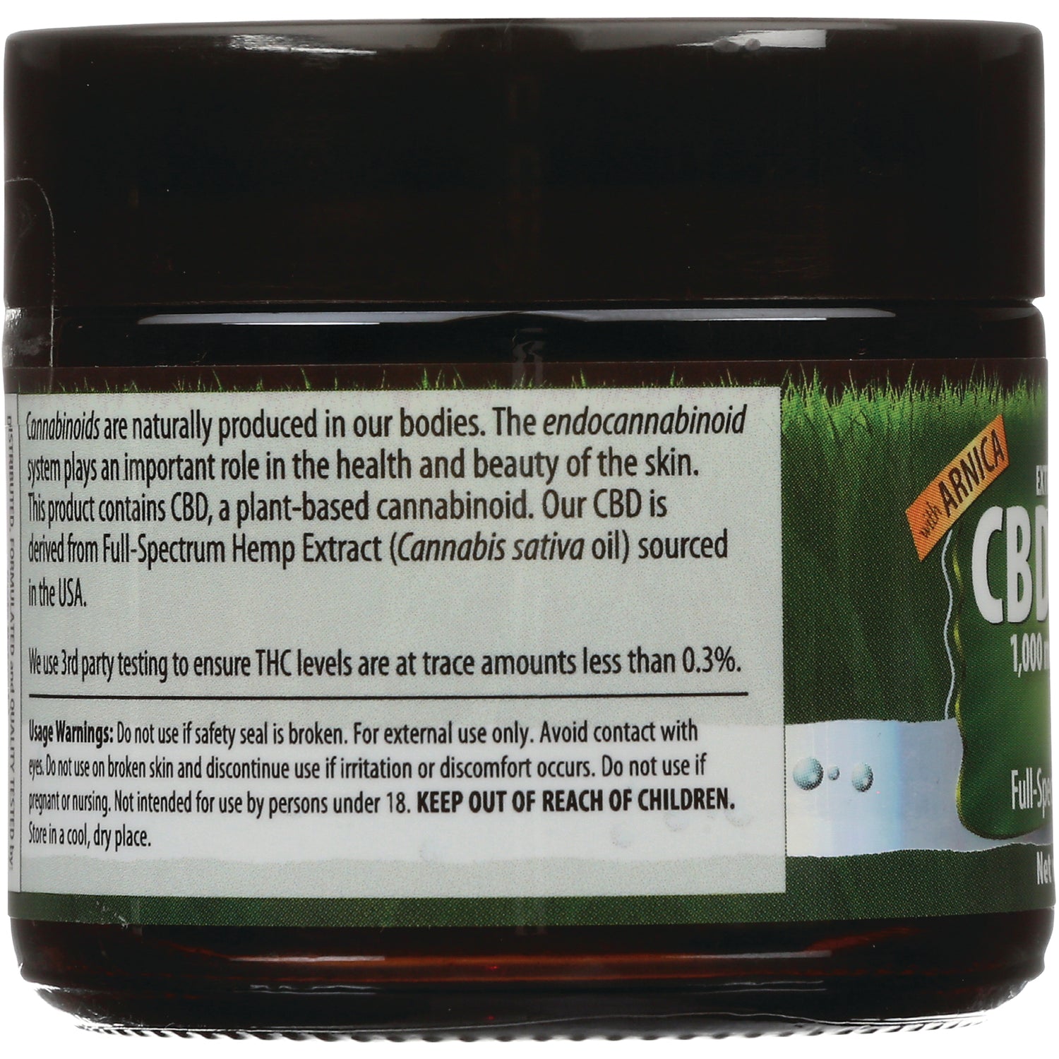 IR183 | back label of CBD jar showing ingredient info, THC trace statement and warnings including KEEP OUT OF REACH OF CHILDREN