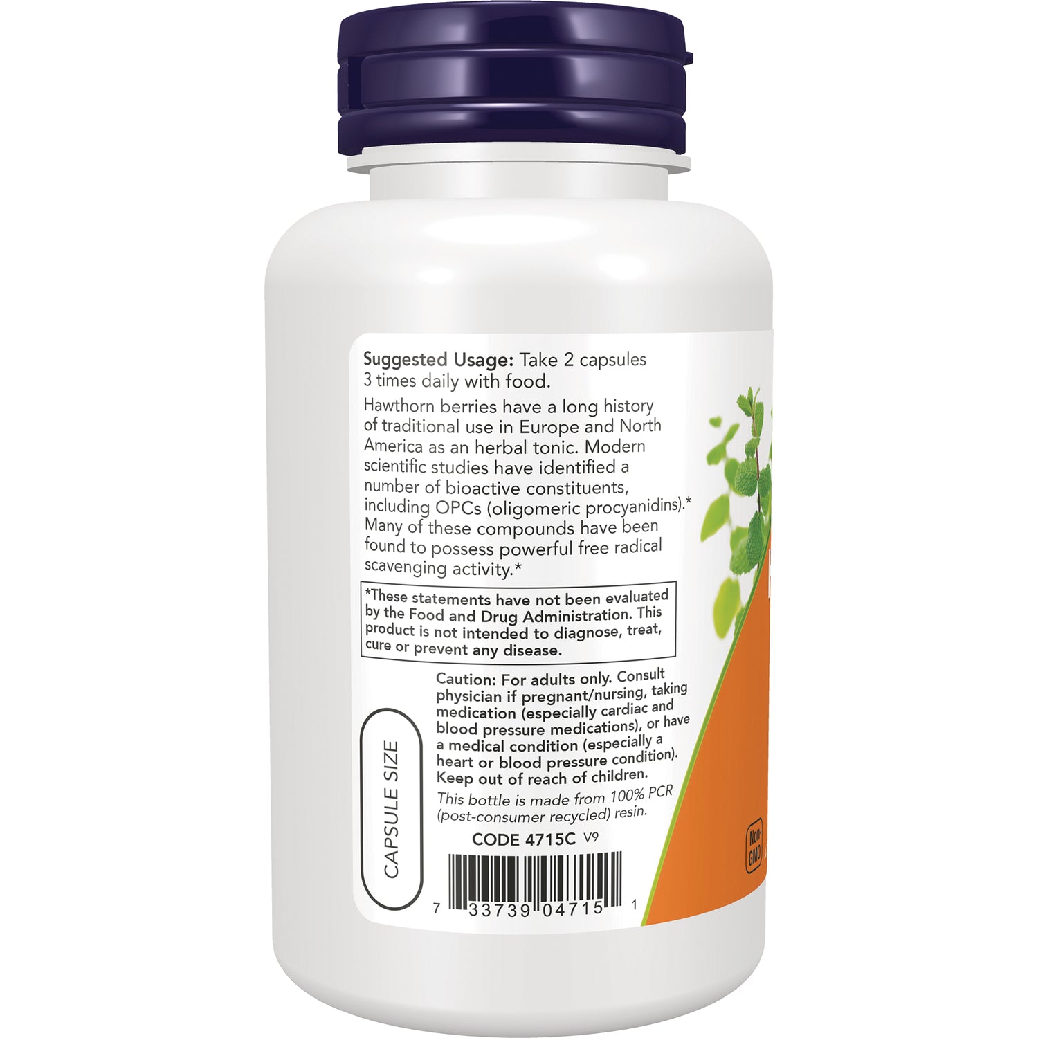 NWF550 | Back label of white supplement bottle showing suggested usage, cautions, capsule size label and barcode