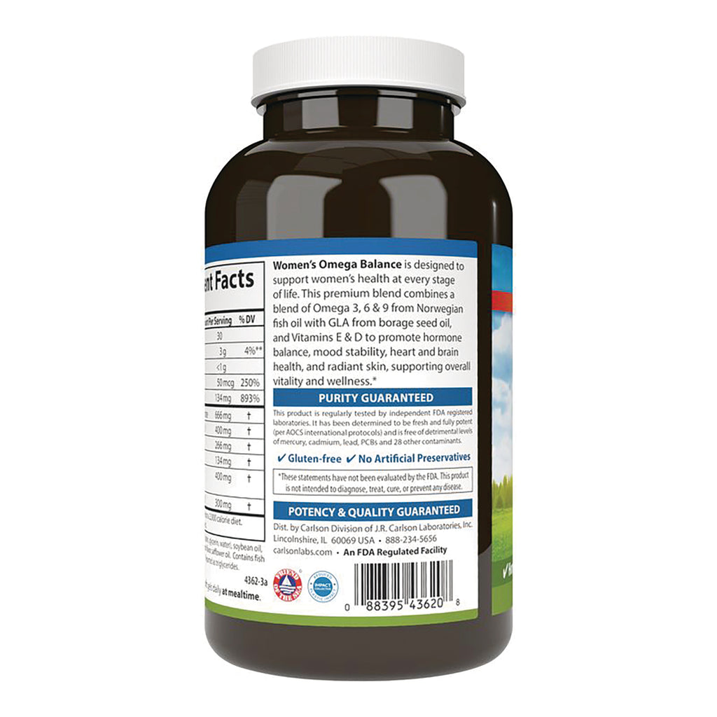 CSN333 | Back label of Women's Omega Balance supplement bottle showing nutrition facts, purity guaranteed and barcode - Thumbnail