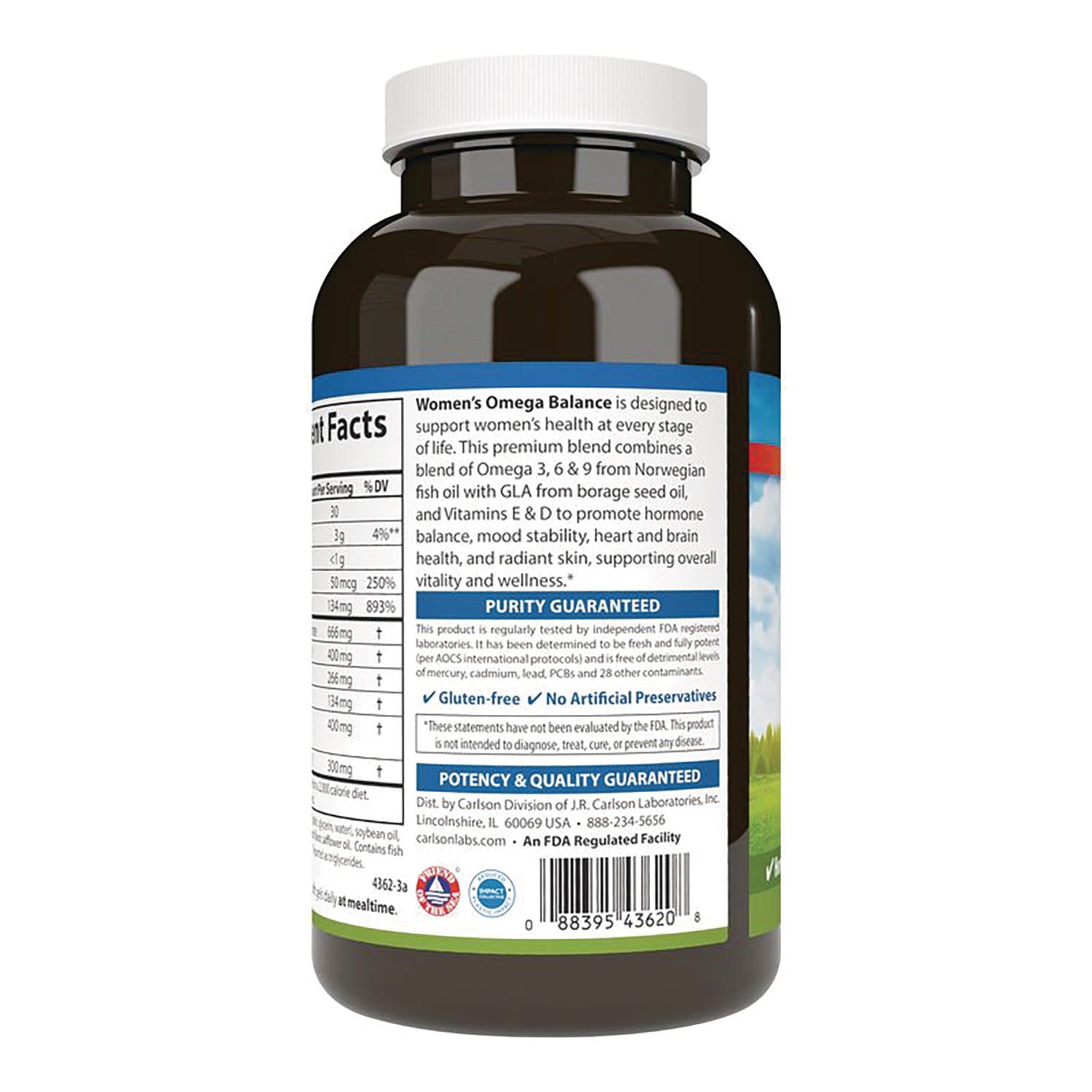 CSN333 | Back label of Women's Omega Balance supplement bottle showing nutrition facts, purity guaranteed and barcode