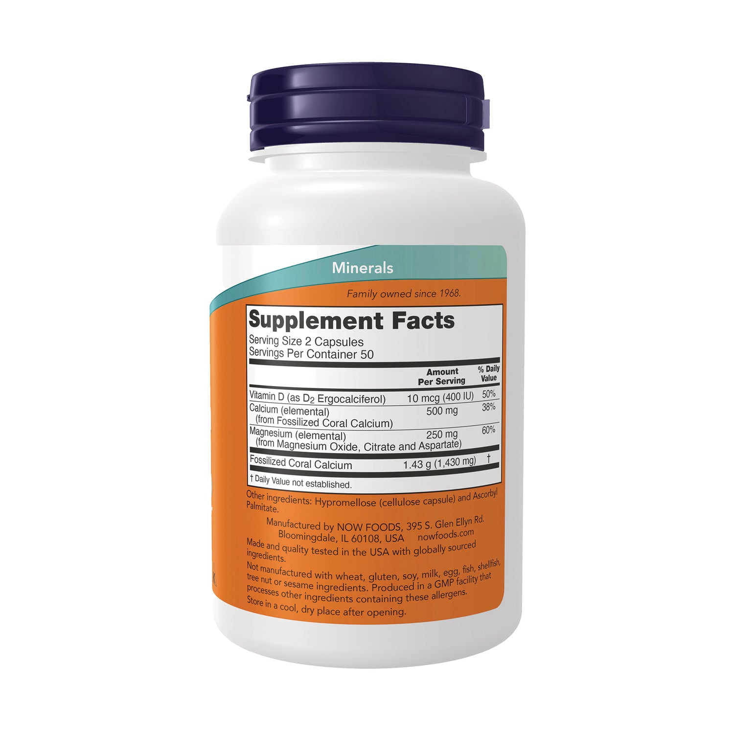 NWF872 | back of white supplement bottle showing Supplement Facts panel listing serving size, calcium and magnesium