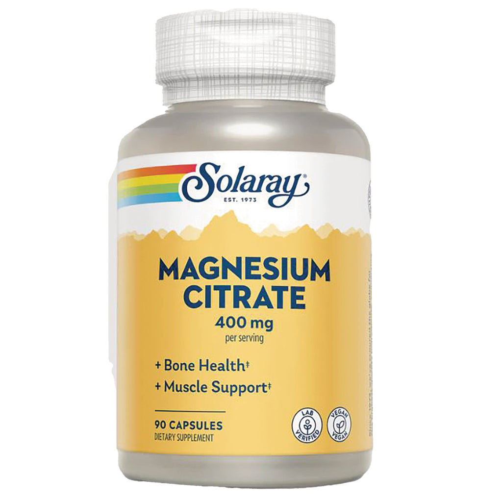 SLR329 | Solaray Magnesium Citrate 400 mg supplement bottle, front label showing 90 capsules and bone and muscle support - Thumbnail