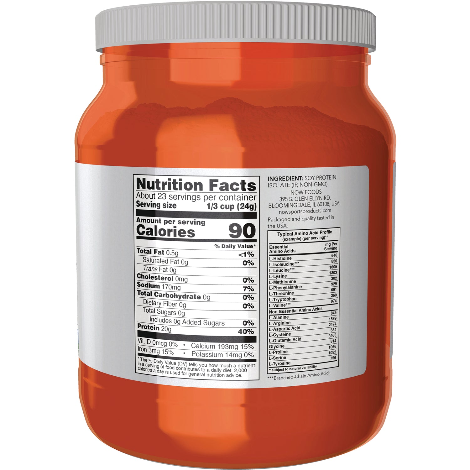 NWF909 | back label showing Nutrition Facts, ingredient and amino acid panels on orange supplement jar