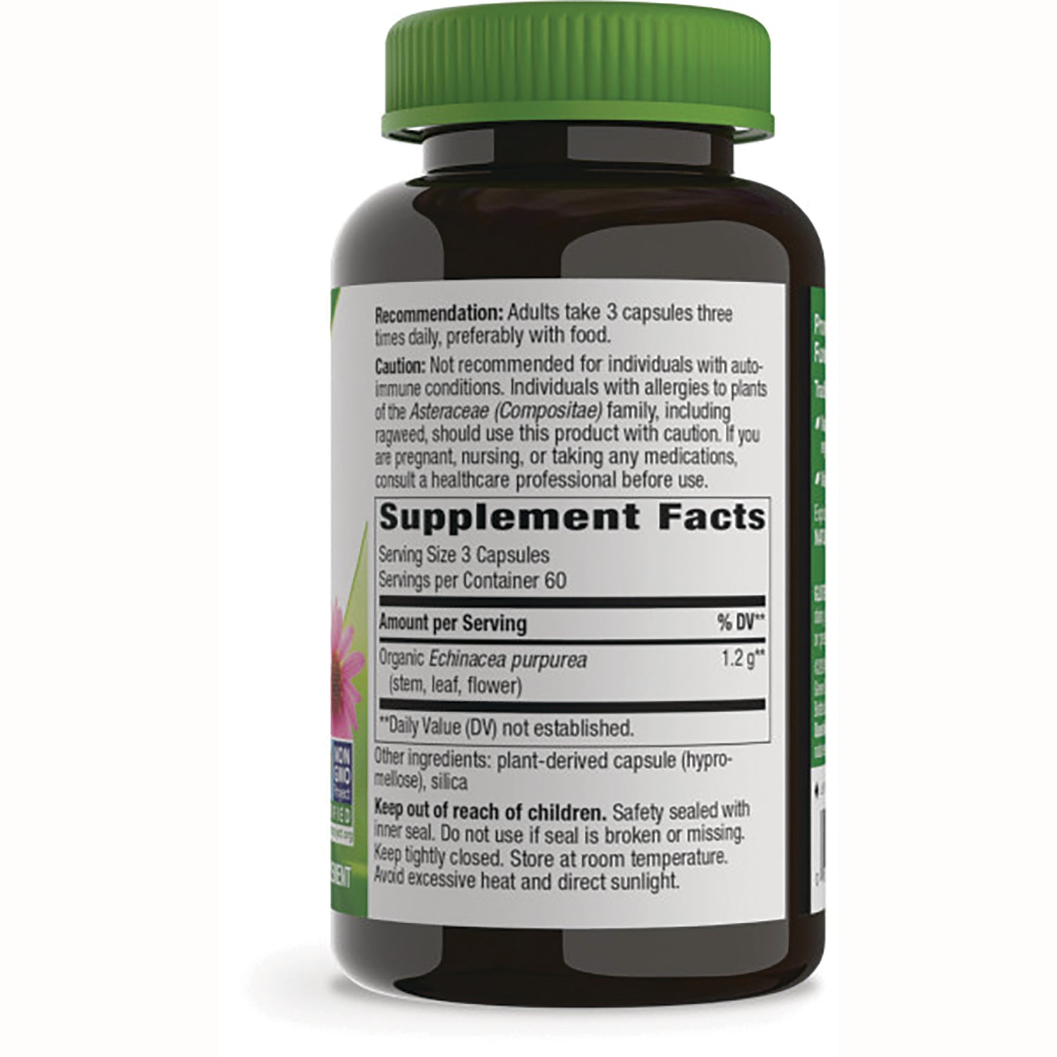 NW132 | back of brown supplement bottle showing Supplement Facts label and dosage and ingredient information