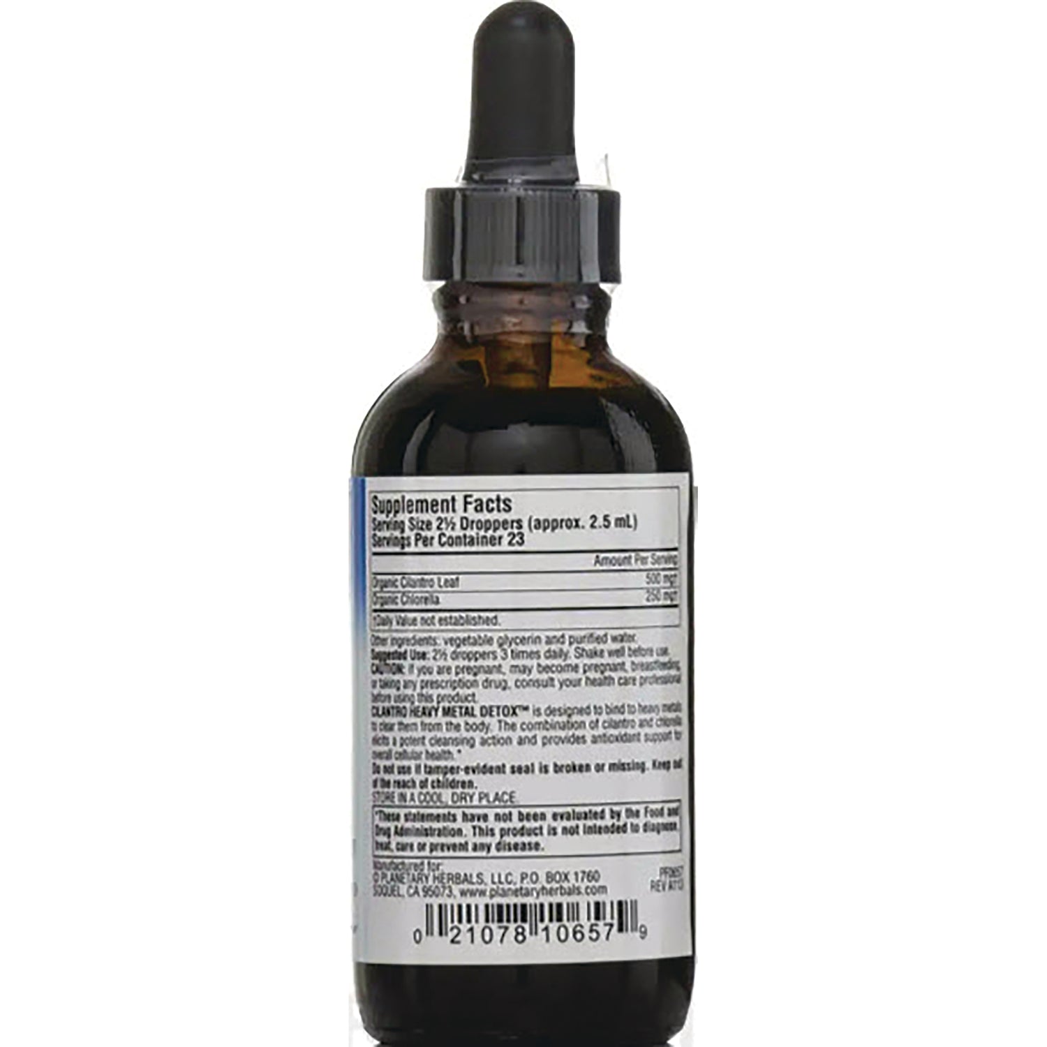 PF235 | Back label showing supplement facts, ingredients and barcode on amber dropper bottle