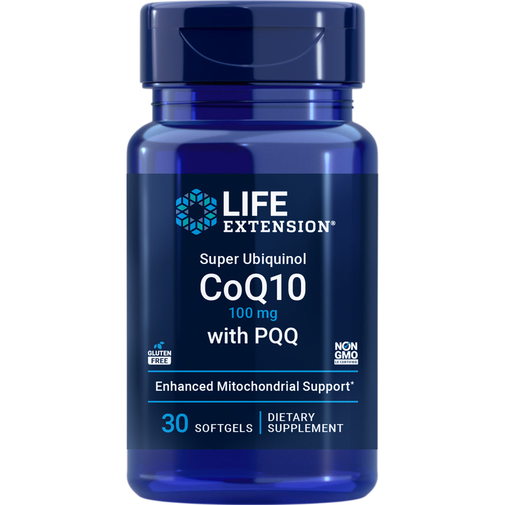 LE298 | Blue Life Extension bottle labeled Super Ubiquinol CoQ10 with PQQ, 100 mg, 30 soft-gels dietary supplement - Thumbnail
