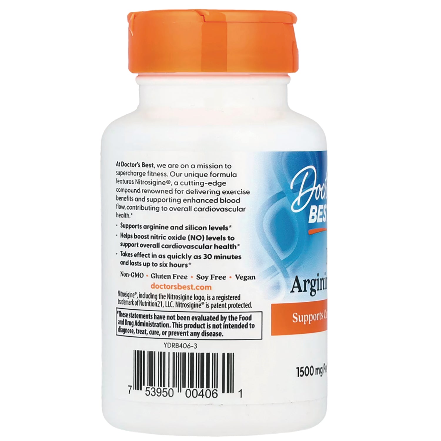 DB289 | Back label of white supplement bottle showing product claims, barcode, and orange cap