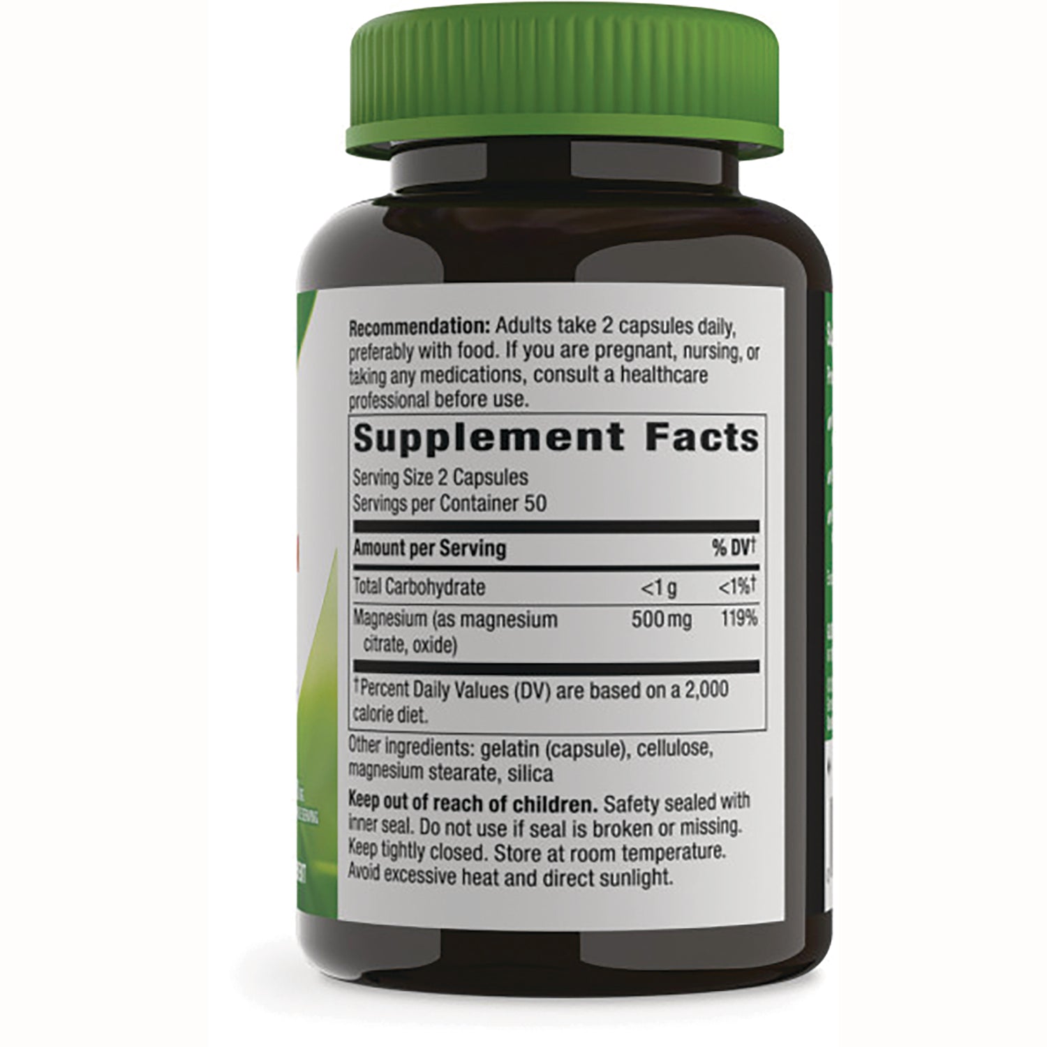 NW360 | back of supplement bottle showing Supplement Facts label, serving size and magnesium 500 mg