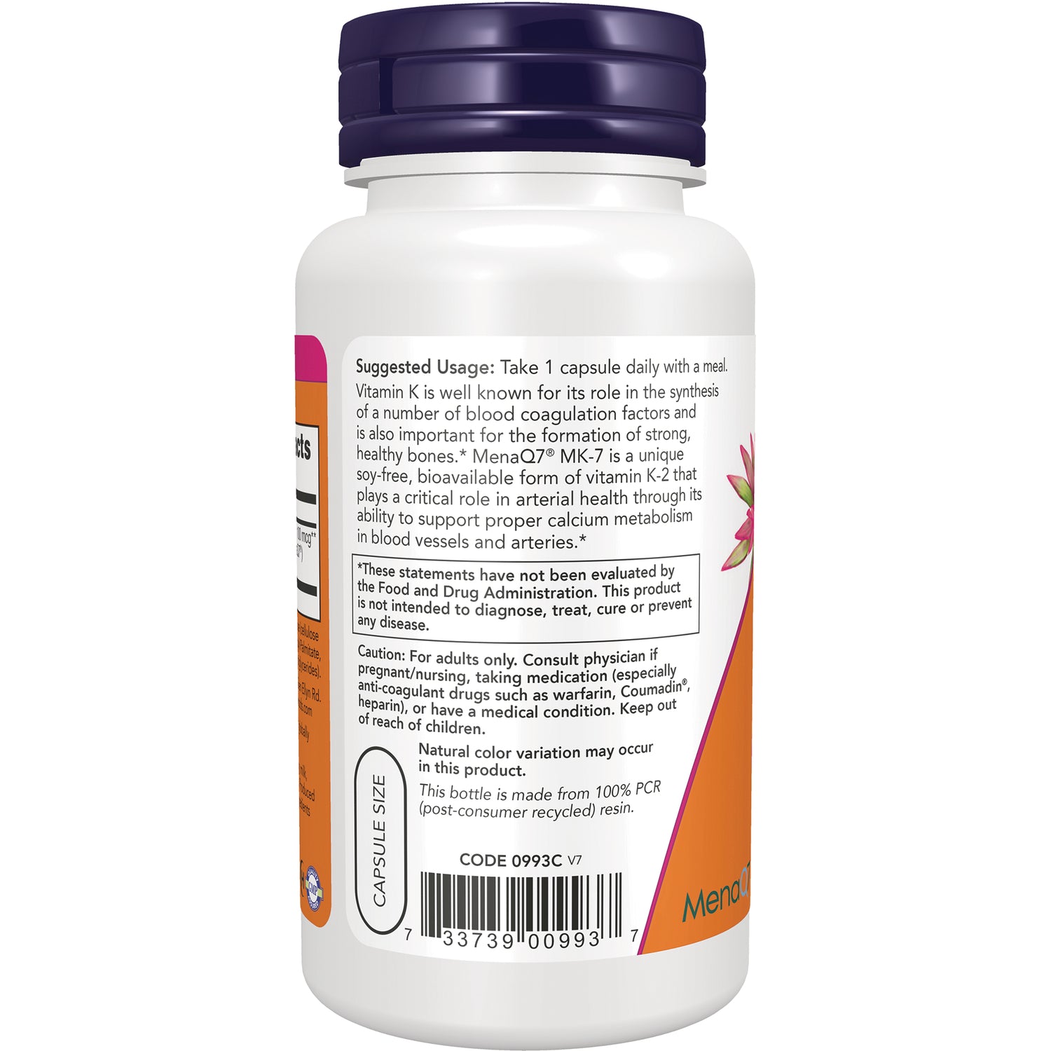 NWF1367 | Back label of white supplement bottle showing suggested usage, caution, barcode, and capsule size