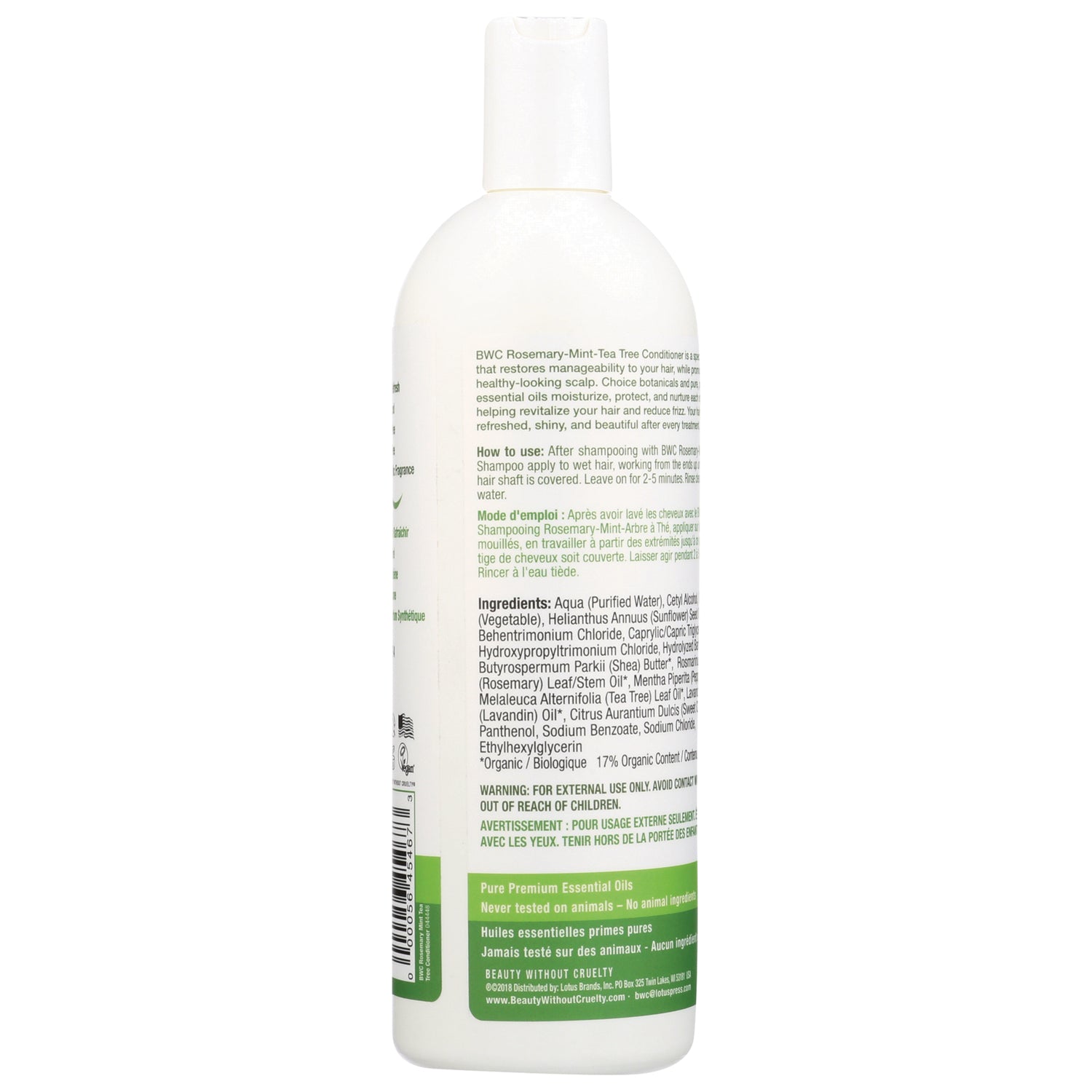 BWC095 | Back of white conditioner bottle showing ingredients, usage directions and barcode