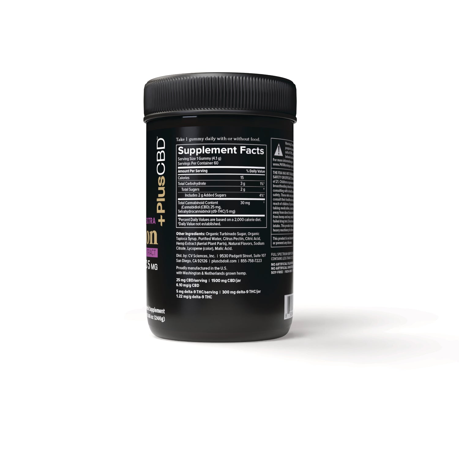 CV052 | Back of black supplement jar with nutrition facts, warning panel and barcode