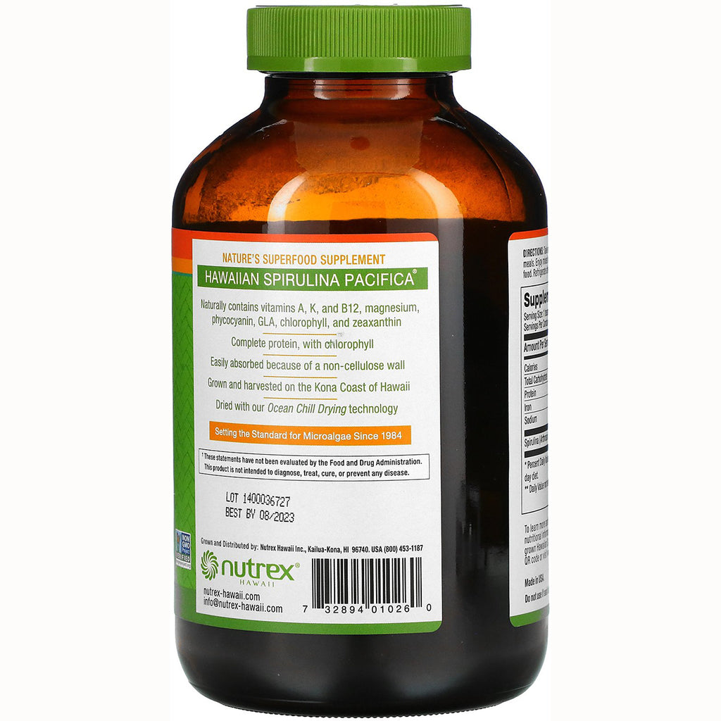 NUT009 | back label of brown supplement bottle showing Hawaiian Spirulina Pacifica description, lot and best by dates and Nutrex logo - Thumbnail