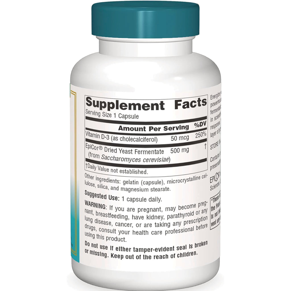 SN424 | Back label with Supplement Facts, serving size 1 capsule, Vitamin D-3 50 mcg, EpiCor dried yeast fermentate 500 mg - Thumbnail