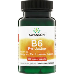 SW021 | Swanson B6 Pyridoxine, 100 mg per capsule, vitamin supplement, 100 vegan capsules