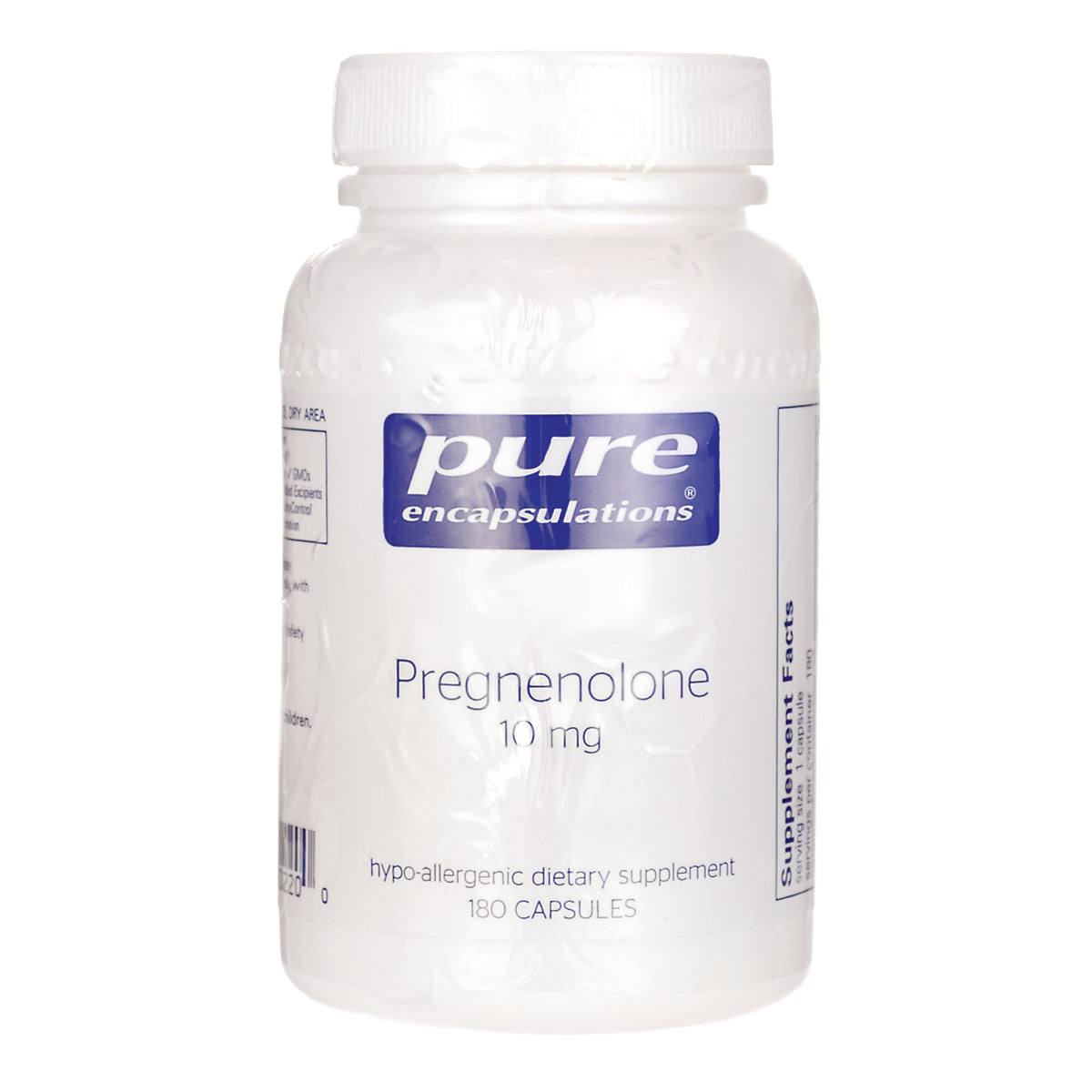 PRN110 | Pure Encapsulations Pregnenolone 10 mg white supplement bottle, 180 capsules