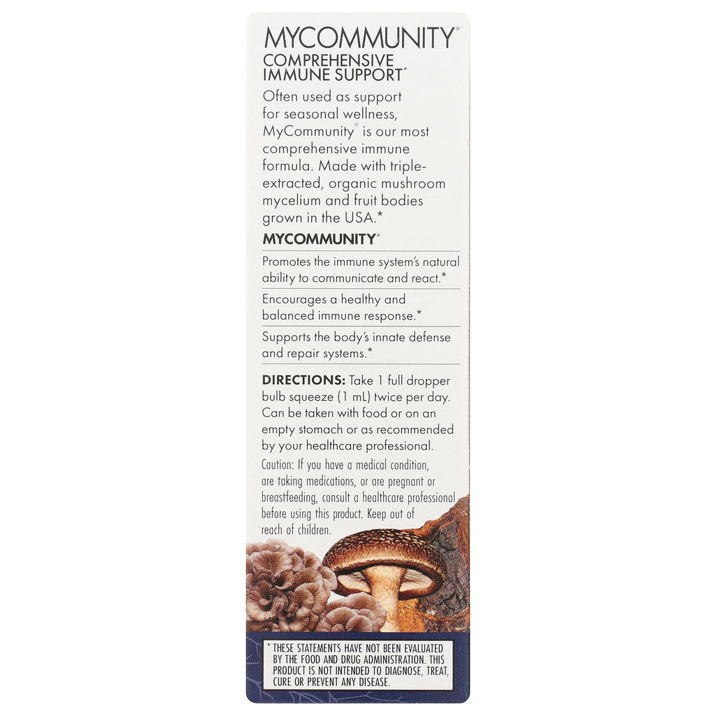 MyCommunity comprehensive immune support product infographic panel showing benefits, directions, and mushroom illustration - Thumbnail