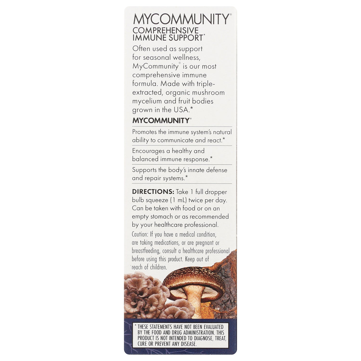 MyCommunity comprehensive immune support product infographic panel showing benefits, directions, and mushroom illustration