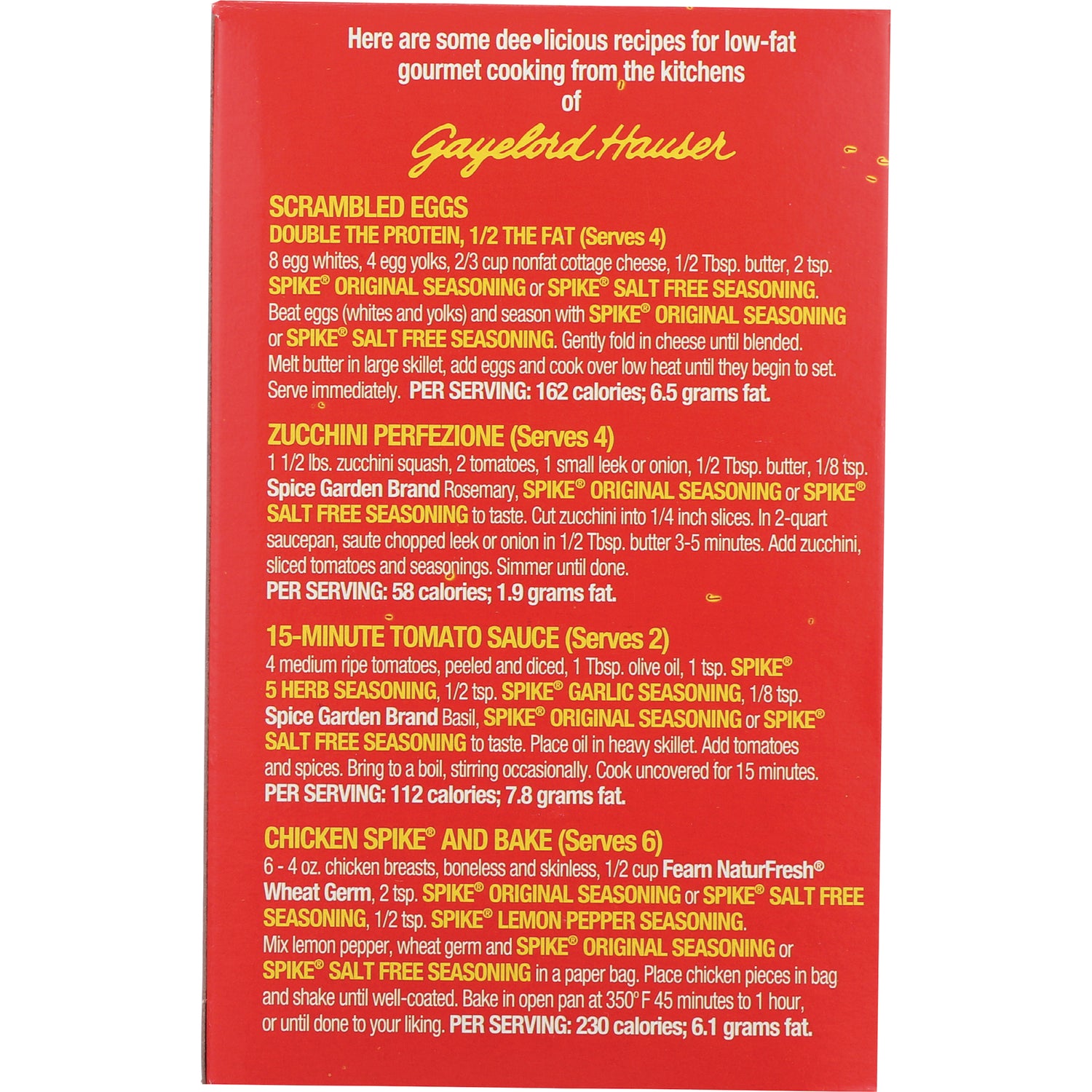 MPR002 | red product infographic with recipes and per serving nutrition for scrambled eggs, zucchini, tomato sauce, chicken spike