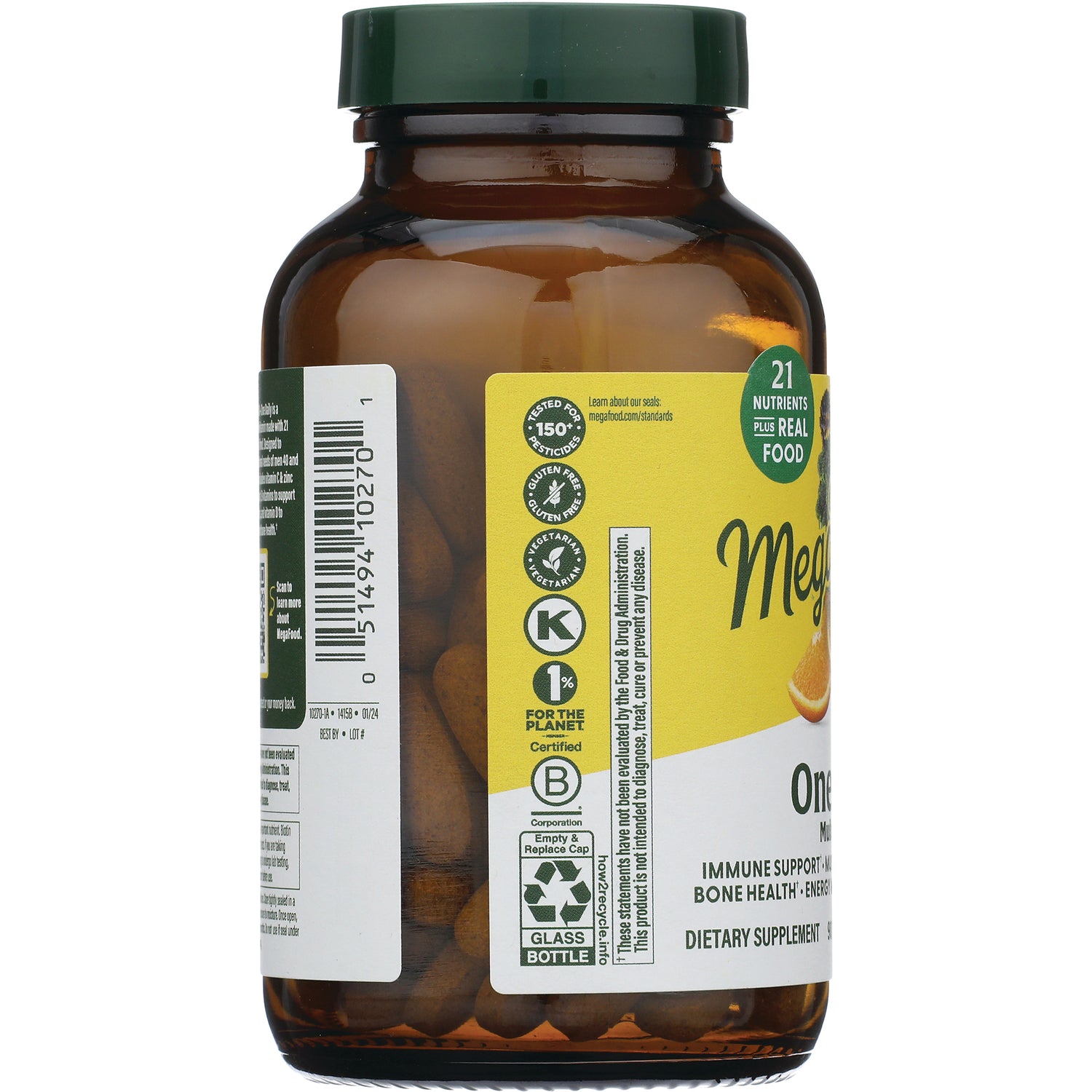 MGF015 | Back of amber glass supplement bottle showing barcode, certification icons, label text and tablets inside