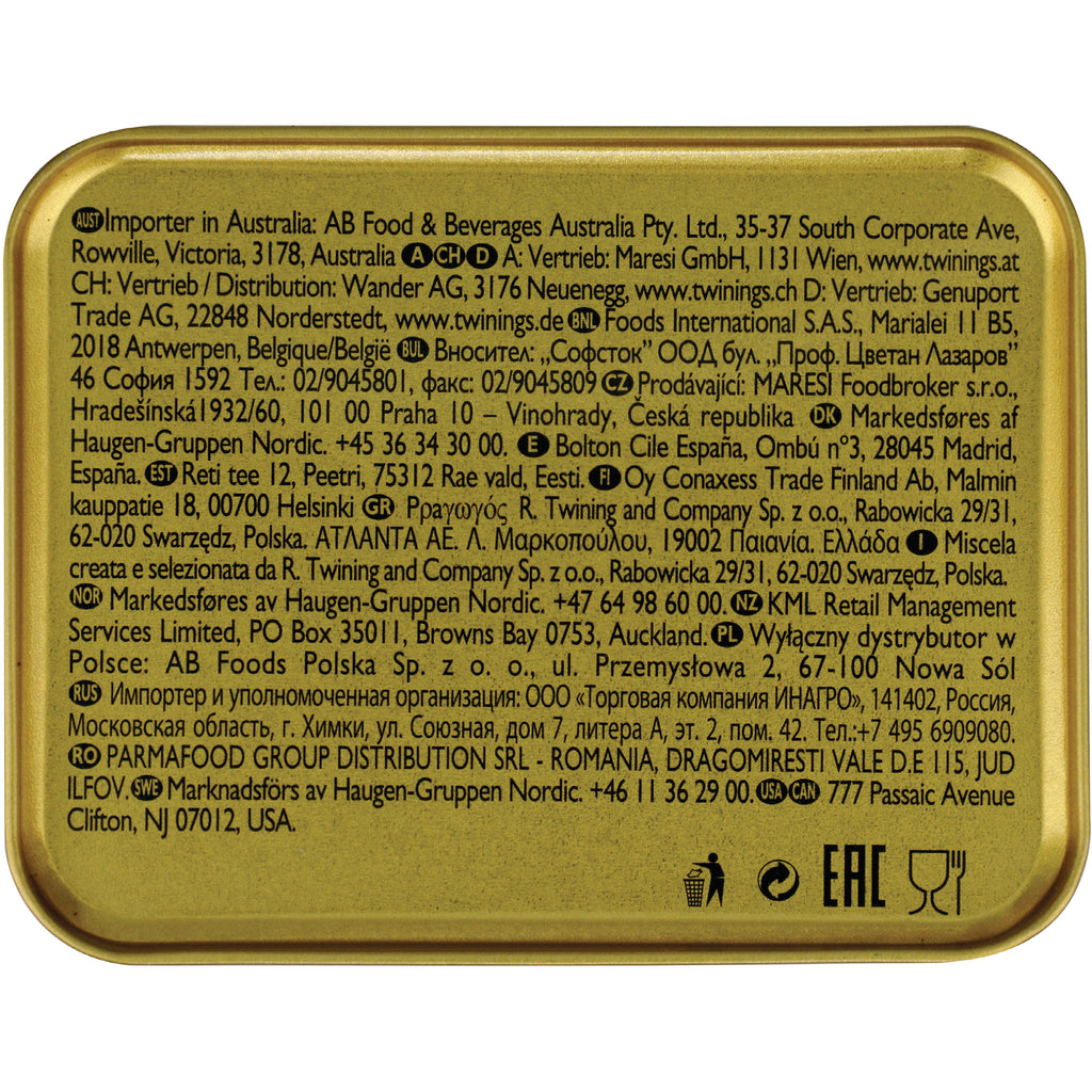 TWN001 | Back of Twinings tea tin with distributor information and certification icons - Thumbnail