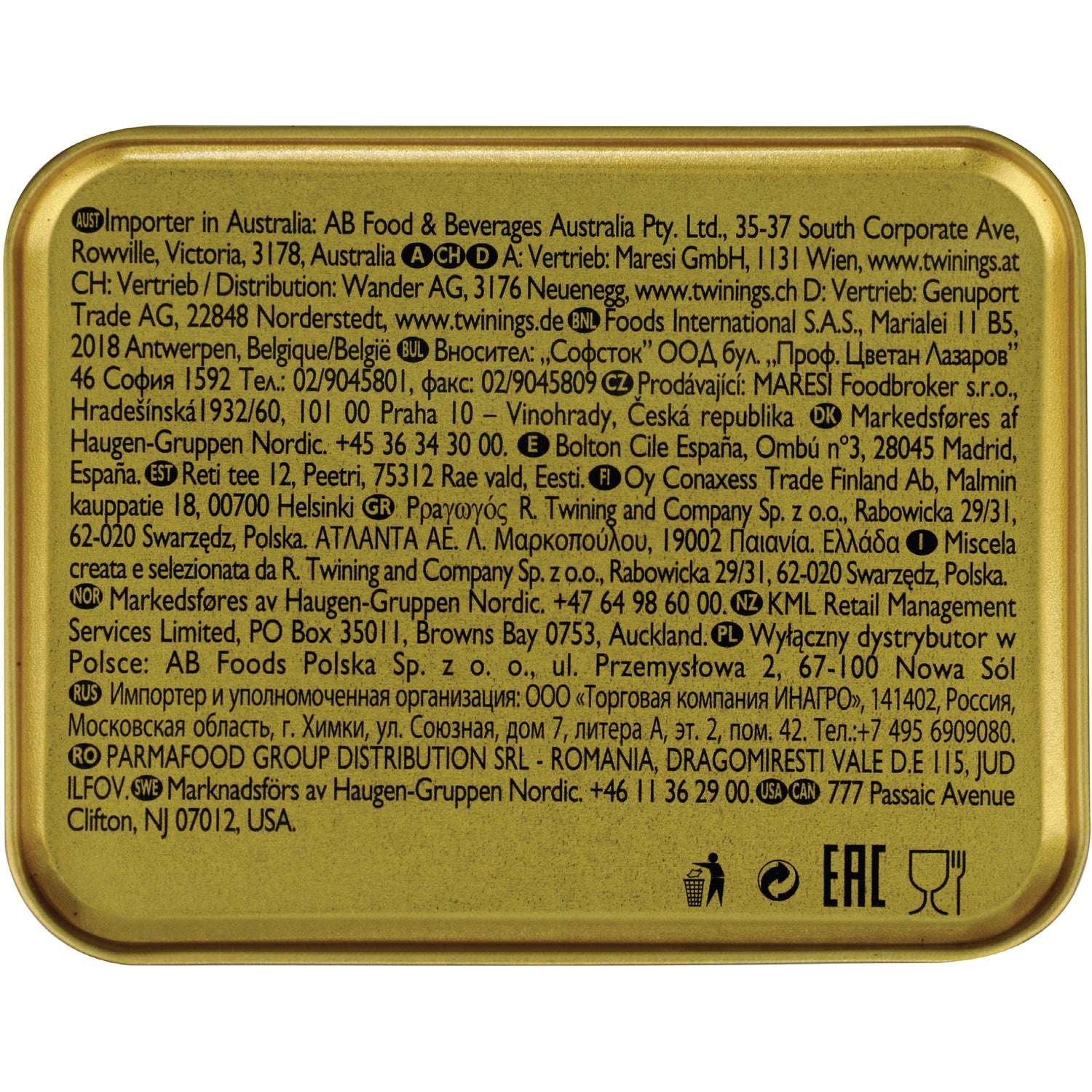 TWN001 | Back of Twinings tea tin with distributor information and certification icons