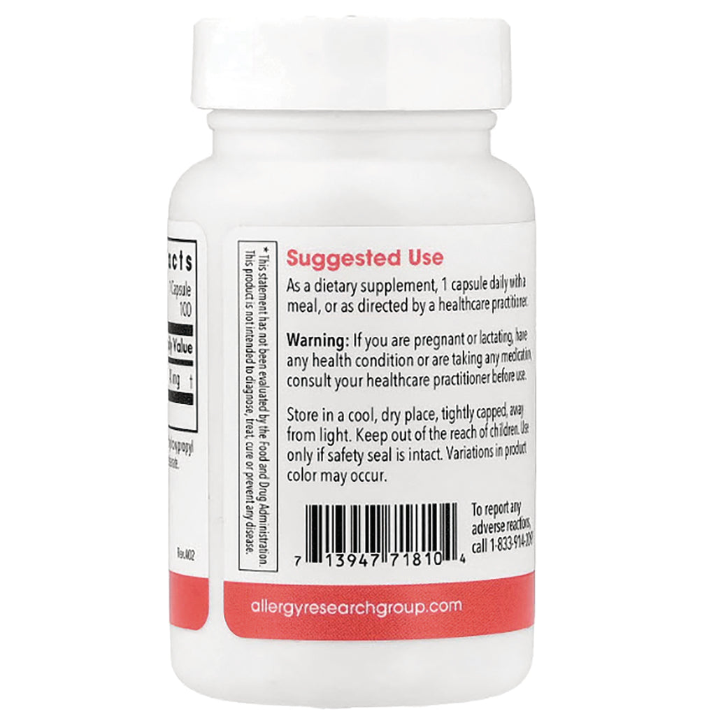 ARG017 | Back of white supplement bottle showing Suggested Use text, warning, barcode and allergyresearchgroup.com label - Thumbnail
