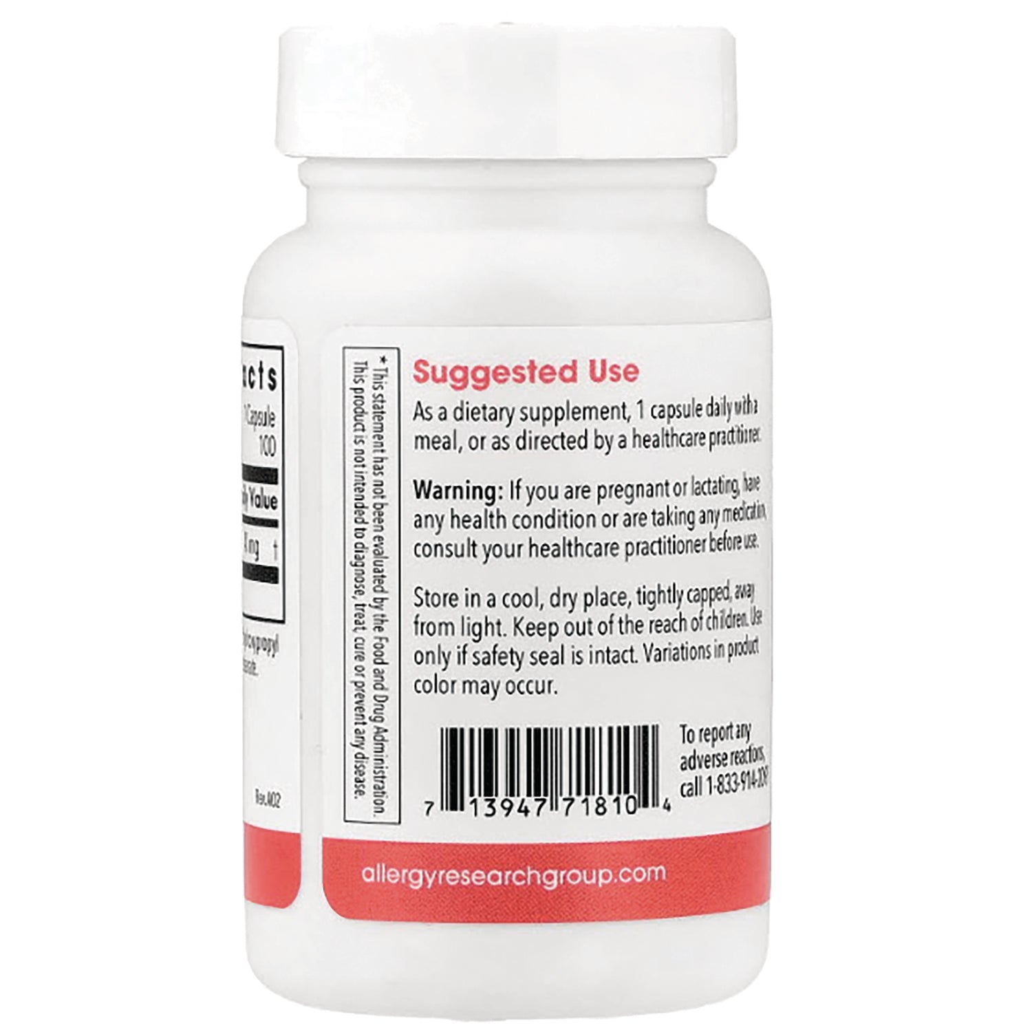 ARG017 | Back of white supplement bottle showing Suggested Use text, warning, barcode and allergyresearchgroup.com label