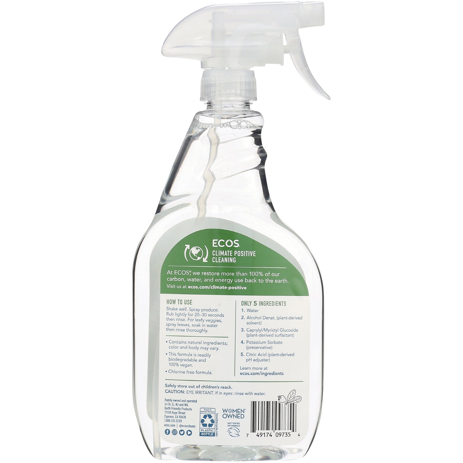 ERF004 | back label of clear spray bottle showing ECOS Climate Positive Cleaning ingredients and use instructions