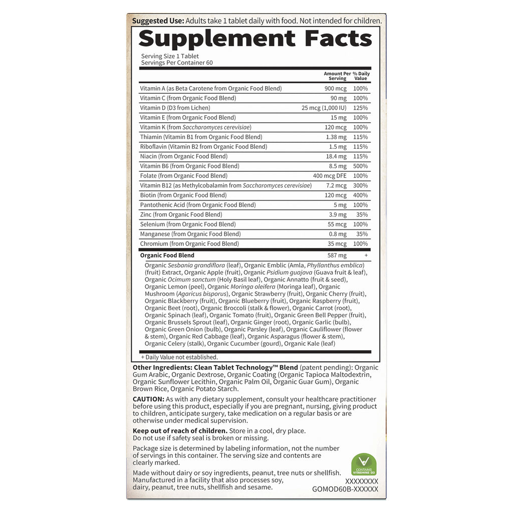 GLF183 | back panel showing Supplement Facts table, organic food blend ingredients and cautionary text - Thumbnail