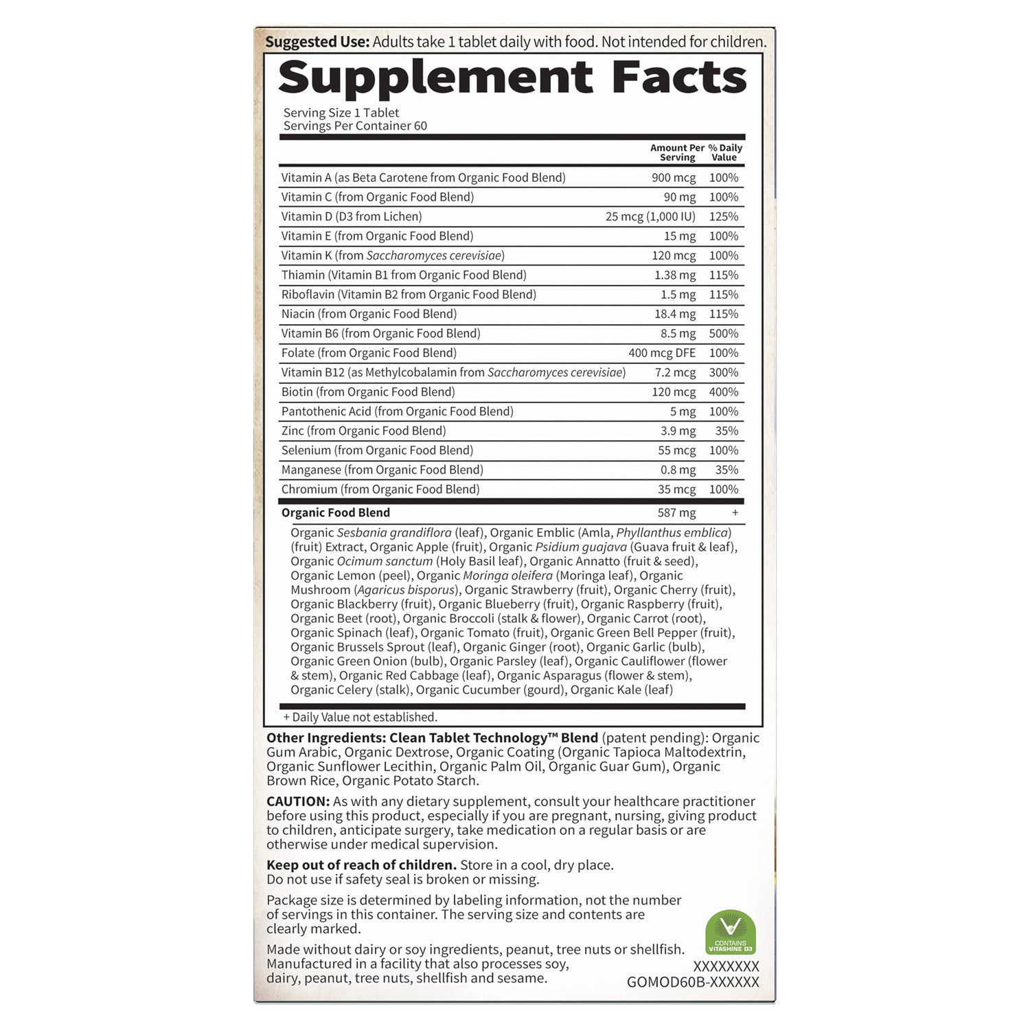 GLF183 | back panel showing Supplement Facts table, organic food blend ingredients and cautionary text