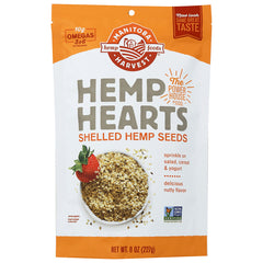 MAN001 | Manitoba Harvest Hemp Hearts shelled hemp seeds 8 oz front pouch with bowl of seeds and strawberry