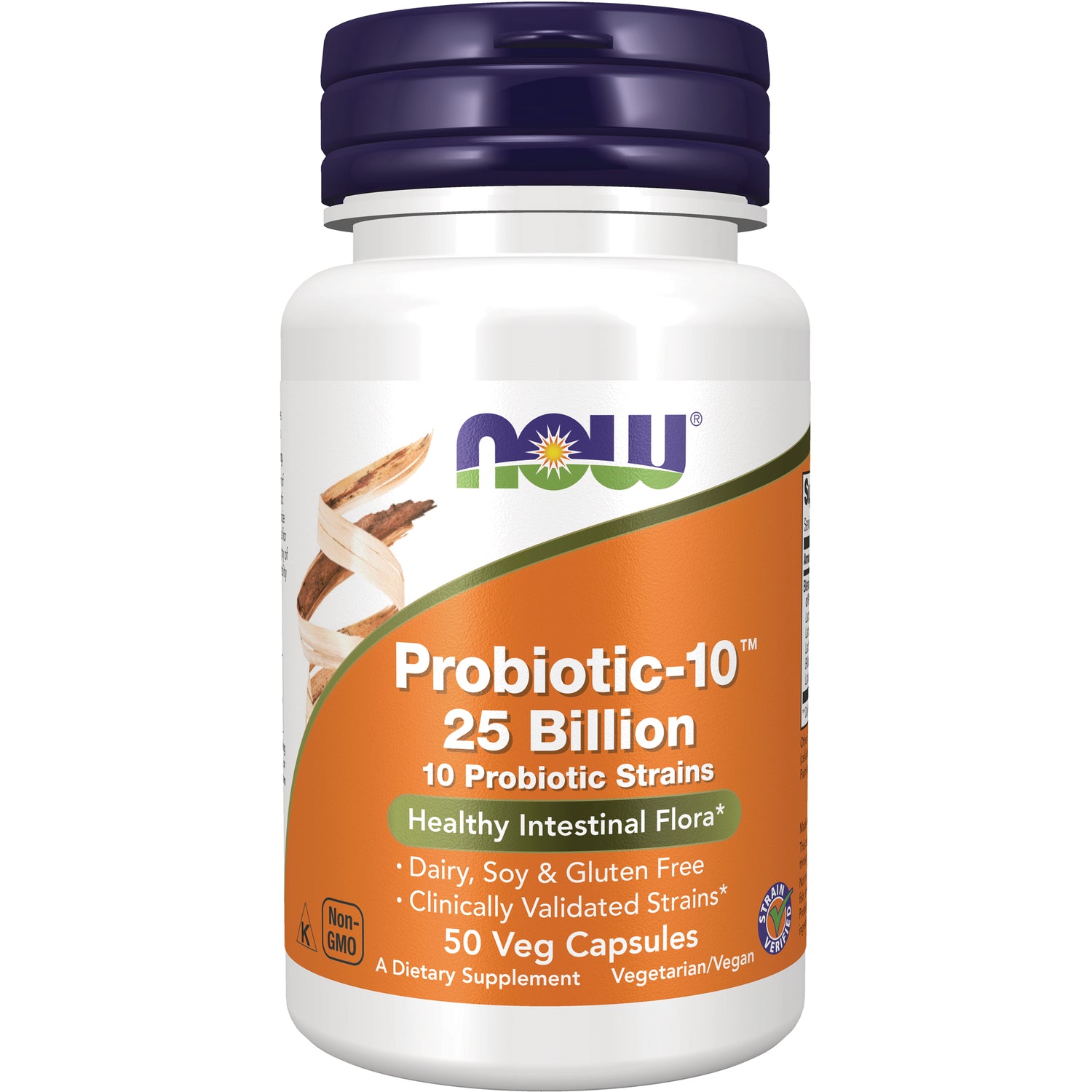NWF343 | NOW Probiotic-10 25 Billion 50 Veg Capsules white bottle with orange label
