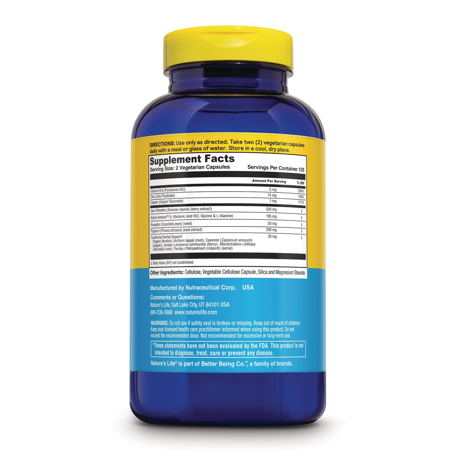 NSL020 | Back label showing Supplement Facts, directions, ingredients, and manufacturer contact info