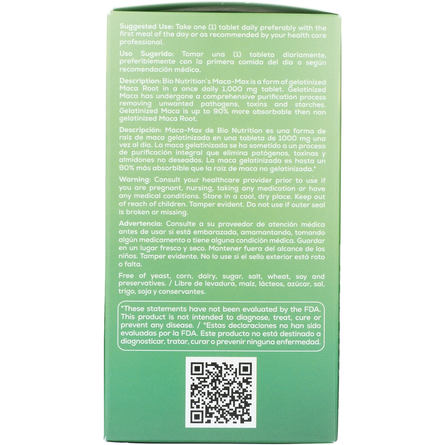 BNN010 | Back panel with suggested use, warnings, bilingual product description, and QR code