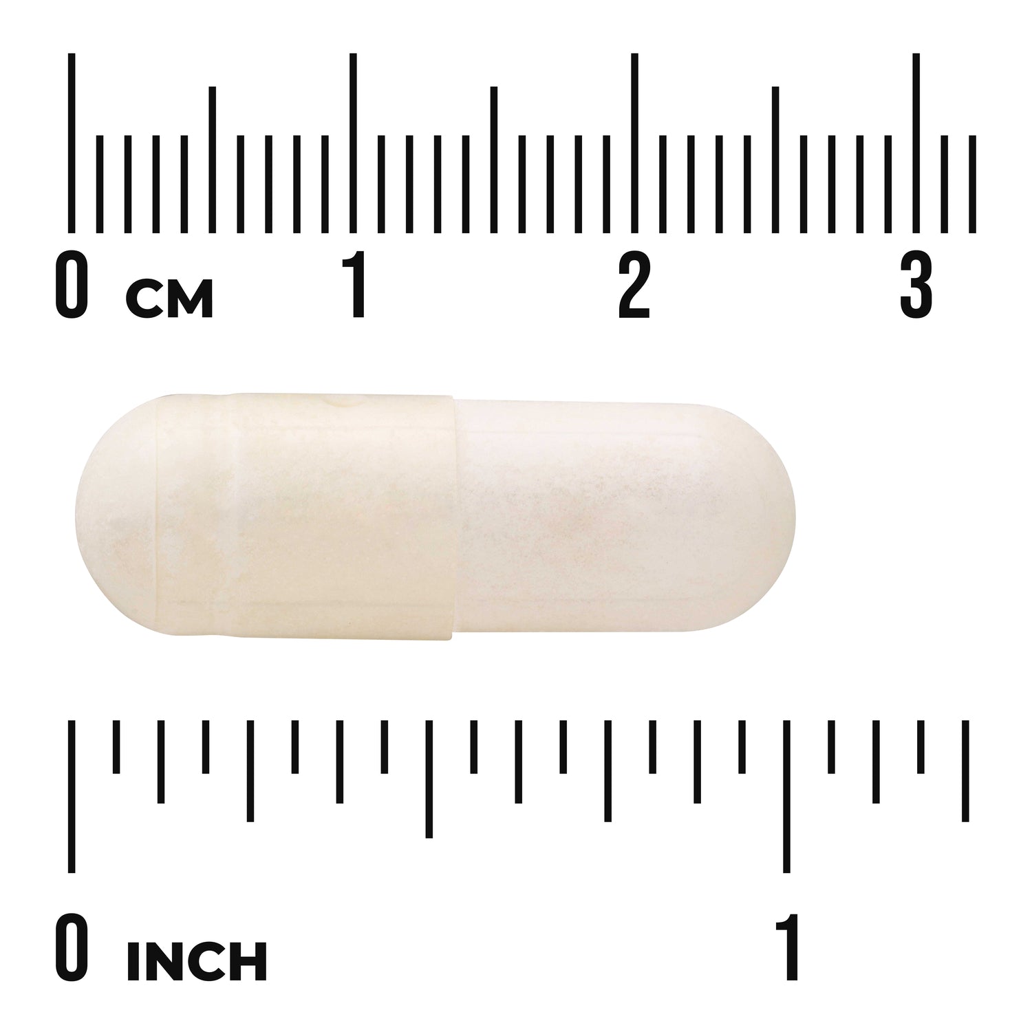 SW1045 | White capsule size shown against ruler in cm and inches