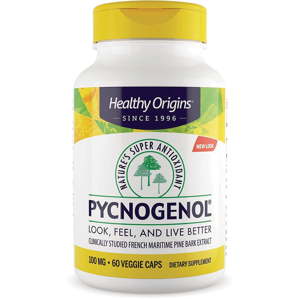 HRG015 | Healthy Origins PYCNOGENOL white bottle with yellow cap, 100 mg 60 veggie caps dietary supplement label - Thumbnail