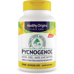 HRG015 | Healthy Origins PYCNOGENOL white bottle with yellow cap, 100 mg 60 veggie caps dietary supplement label
